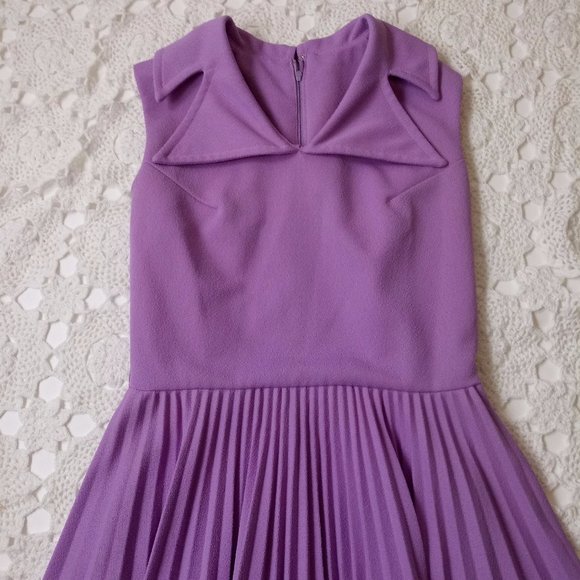Vtg 70s Small Medium Fit Flare Dress Purple Poly Knit Pleat Skirt Notch Collar - Picture 3 of 6